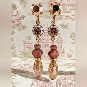 Victorian Pink Opal & Swarovski Crystal Pink Flowers In Gold Plated Earrings